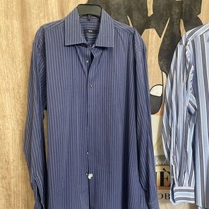 Boss Men's Navy Pinstripe Dress Shirt long sleeve used 17.5 neck 34 sleeve